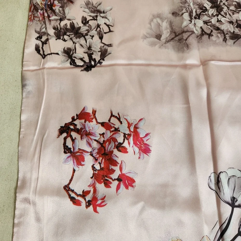 100% Silk Reversible Floral Scarf Pink Red Blossom Tree Branches Long Wrap 66x18